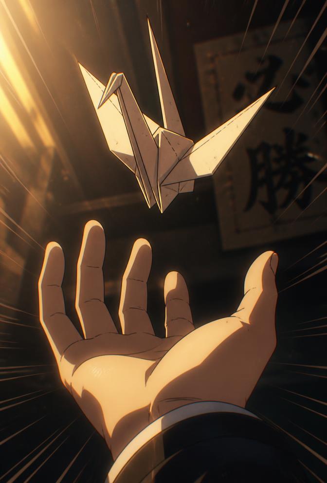 AMOT animation frame — hand catching a paper crane